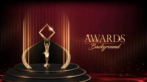 Vector illustration of Elegant Looking Trophy Podium on stage. Red Golden Award Background. Luxury Premium Graphics. Throne Sitting Style. Royal Kingdom Prince Style Product Display with Light Effects. Modern Graphics.