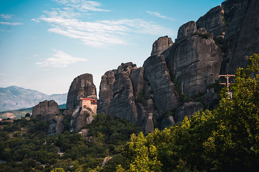 Landscape shot over the forest line, an impressive  view of famous boulders, a tourist spot in Greece.