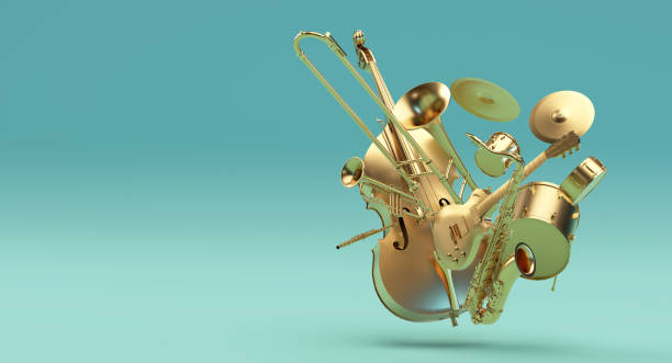 apparecchiature musicali con rendering 3d color oro - ottone strumento a fiato foto e immagini stock
