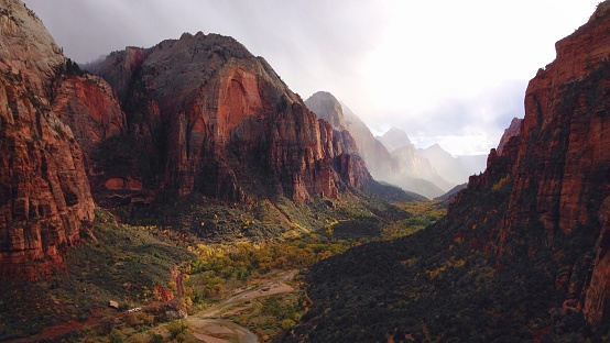View of Zion National Park from Angels Landing after a snowstorm blows through.