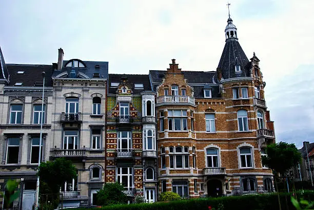 These are a few buildings on the beautiful Ambiorix Square in Brussels, Belgium. The area around the square is known for its stunning Art Nouveau buildings.