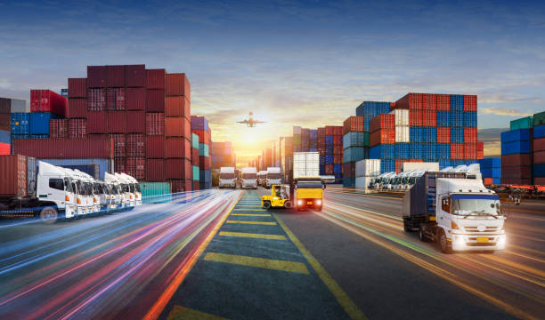 istock Logistics and transportation of Container Cargo ship and Cargo plane with working crane bridge in shipyard at sunrise, logistic import export and transport industry background 1468695068