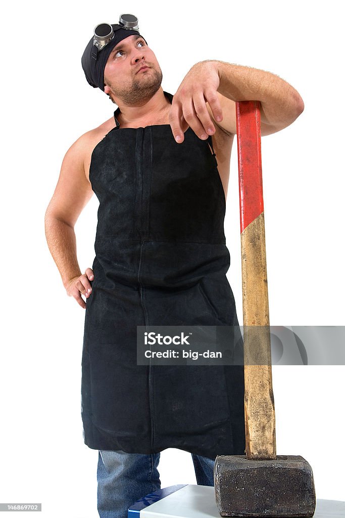 Blacksmith Portrait of blacksmith with old hammer. Isolated on white background. Apron Stock Photo