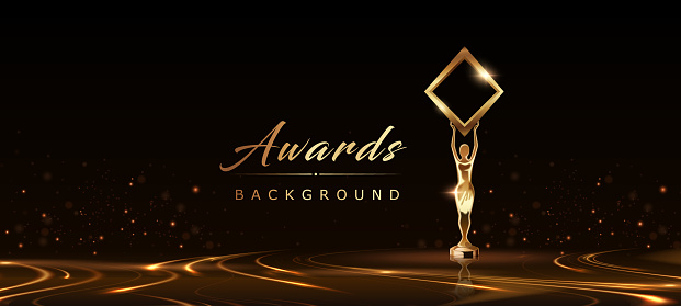Black Golden Stage Platform Flowing Glow Award Background. Trophy on Luxury Background. Modern Abstract Design Template. LED Visual Motion Graphics. Wedding Invitation Poster. Certificate Design.