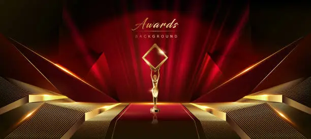 Vector illustration of Red Maroon Golden Curtain Stage Award Background. Trophy on Red Carpet Luxury Background. Modern Abstract Design Template. LED Visual Motion Graphics. Wedding Marriage Invitation Poster.