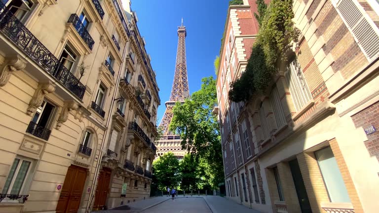 Famous Eiffel Tower From Rue de l'Université Street In Paris, France. -POV