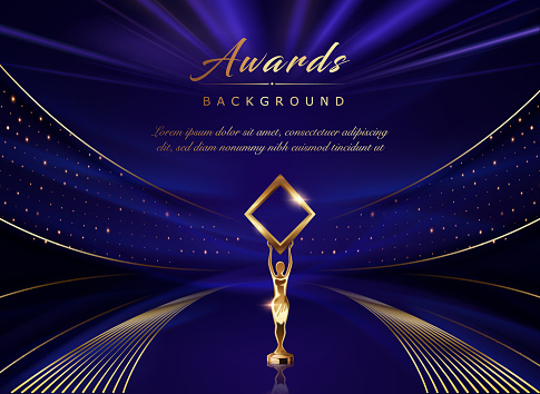 Blue Golden Stage Award Background. Trophy on  Luxury Background. Modern Abstract Design Template. LED Visual Motion Graphics. Wedding Marriage Invitation Poster.