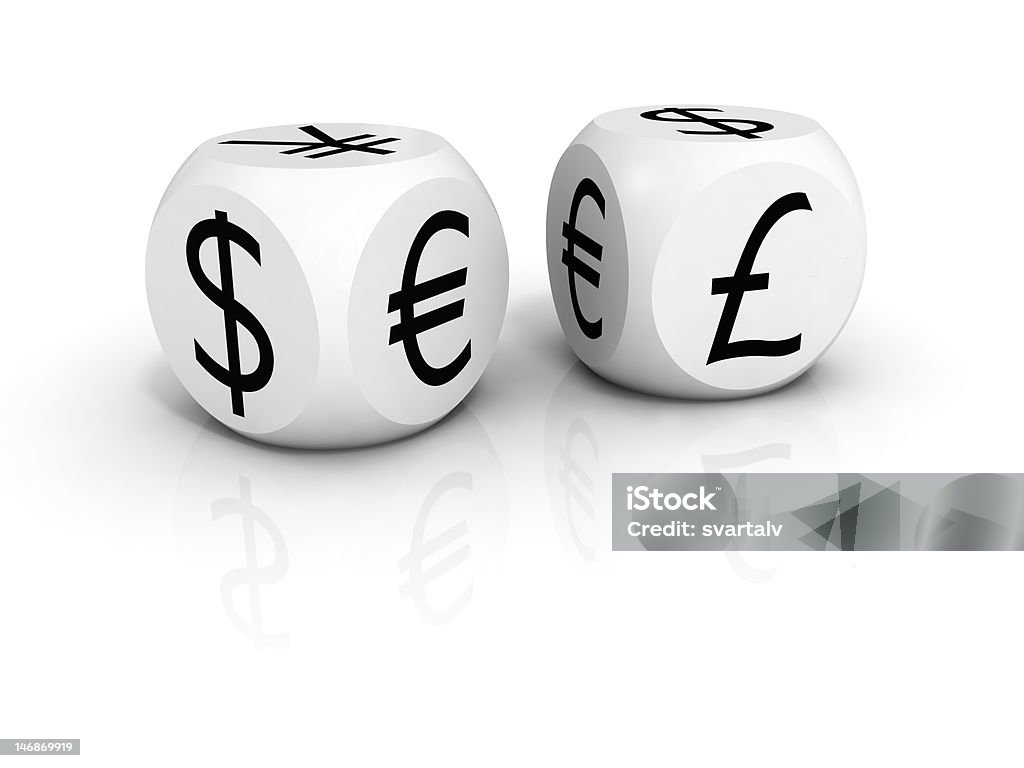 FOREX says Two dice painted with currency signs Black Color Stock Photo