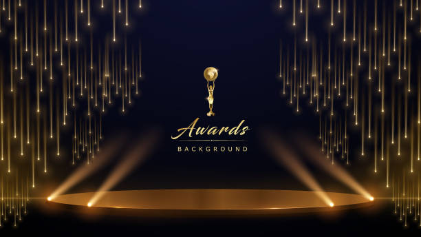 ilustrações, clipart, desenhos animados e ícones de golden stage spotlights royal awards graphics background. luzes elegantes brilham modelo moderno. modelo corporativo de partículas de estrela cadente do espaço. linhas rápidas e elegantes troféu abstrato certificado banner. - nomination