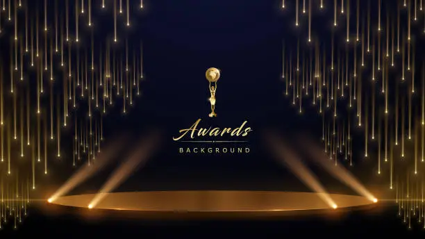 Vector illustration of Golden Stage Spotlights Royal Awards Graphics Background. Lights Elegant Shine Modern Template. Space Falling Star Particles Corporate Template. Classy speedy lines Abstract trophy Certificate Banner.