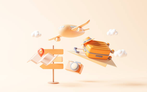 istock Cartoon style luggage with travel theme, 3d rendering. 1468699987