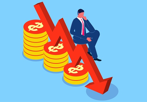 Revenue or profit decreases, business performance declines, business development suffers, businesses go bankrupt or lose money on investments, isometric businessmen sit contemplating on the falling arrow
