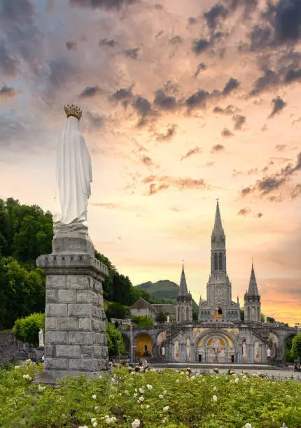Photo of Landscape of the sanctuary of Our Lady in Lourdes at sunset, France -  Religious tourism concept