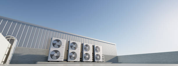 3d rendering of condenser unit or compressor on rooftop of industrial plant, factory. Unit of ac or air conditioner, hvac or heating ventilation and air conditioning system. Motor, pump and fan inside representación 3d de la unidad condensadora o compresor en la azotea de la planta industrial, fábrica. unidad de aire acondicionado o aire acondicionado, climatización o calefacción, ventilación y sistema de aire acondicionado. motor, bomba y ventilad