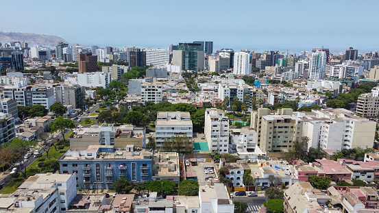 Upscale district in Lima - Miraflores neighborhood houses and streets. Drone view. Lima, Peru