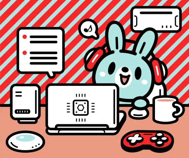 Vector illustration of A cute bunny sitting at a desk and using a laptop and chatting with an AI