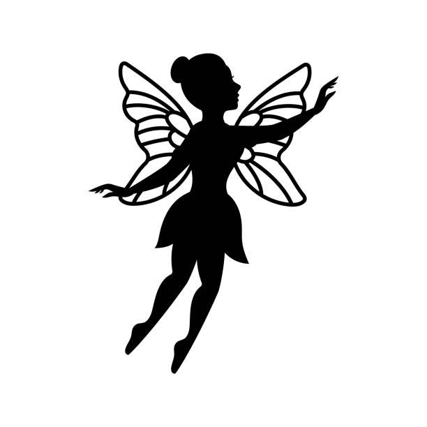 istock Magical fairy logo. Flying fairy silhouette. Mythical tale character. Little creature with wings in dress 1468711601