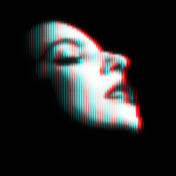istock Woman portrait illustration in halftone black and white television screen pixels pattern 1468711608