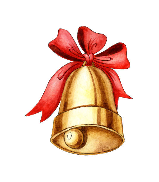 handbell with red ribbon watercolor Watercolor gold metal bell with a red bow on a white background. Symbol of Christmas and New Year, school bell, vintage bell. Drawn by hand. bell sleeve stock illustrations