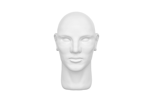 3D rendering of human head Isolated on white background, front view.