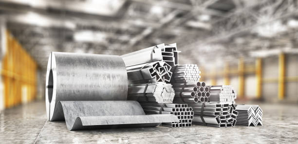 Stack of rolled metal in warehouse. 3d illustration stock photo