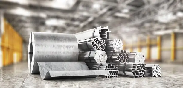 Stack of rolled metal in warehouse. 3d illustration