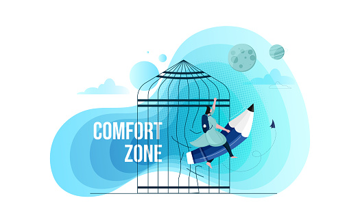 Businesswoman trying or running from unlocking cage and comfort zone, freedom concept vector illustrator