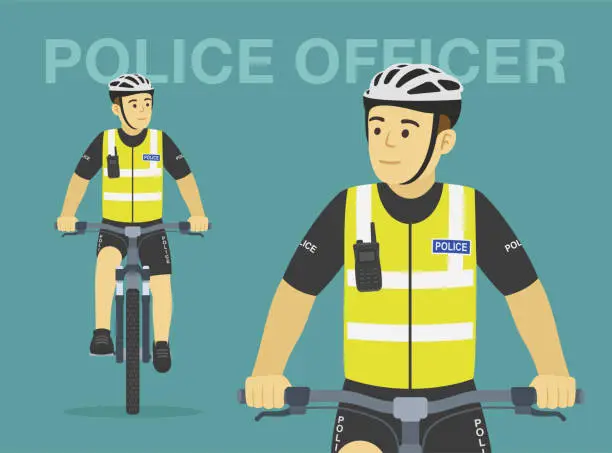 Vector illustration of Isolated european bicycle patrol. Police officer on bike. Perspective front view.