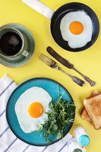 Stock photo showing an elevated view of sunny side up fried egg on a turquoise plate served with watercress with black coffee in a coffee cup and saucer and sliced white toasted bread as a healthy breakfast.