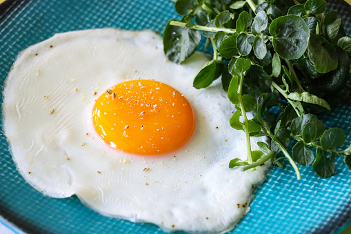 Stock photo showing close-up, elevated view of sunny side up fried egg on a turquoise plate served with watercress.
