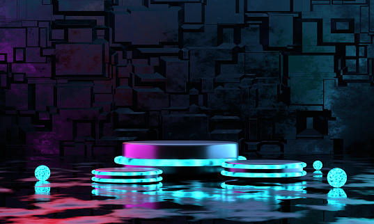3d rendering empty metal podium with blue and purple neon light for product display. Sci fi scene for product display.abstract sci fi scene.