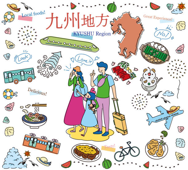illustrazioni stock, clip art, cartoni animati e icone di tendenza di una famiglia di tre persone che ama visitare la regione gastronomica estiva nella regione giapponese di kyushu, una serie di icone (disegno al tratto) - bus family travel destinations women