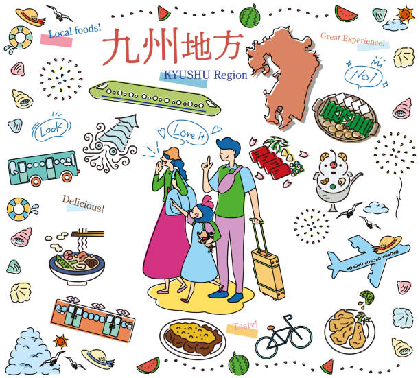 ilustrações de stock, clip art, desenhos animados e ícones de a family of three who enjoys summer gourmet sightseeing in the kyushu region of japan, a set of icons (line drawing) - bus family travel destinations women