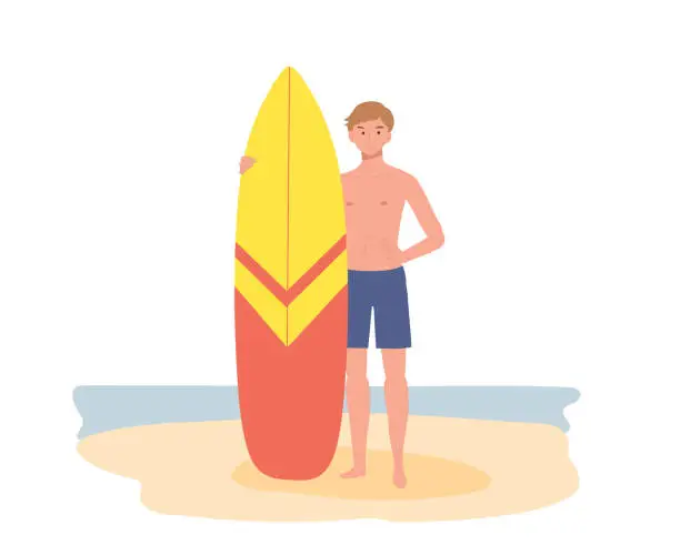 Vector illustration of summer beach vacation theme. A man wearing in swim suit holding surfboard on the beach. Flat Vector illustration