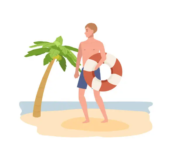 Vector illustration of summer beach vacation theme. A man in swim suit holding swim ring , life ring on the beach. Flat Vector illustration