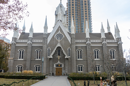 Salt Lake City, Utah, USA- 12/11/2022: Salt Lake City Temple church and square