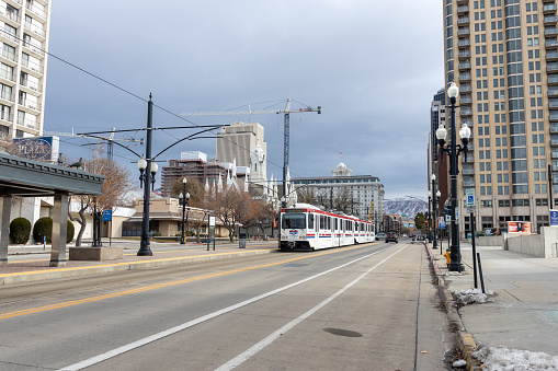 Salt Lake City, Utah, USA- 12/11/2022: Uta TRAX tram station