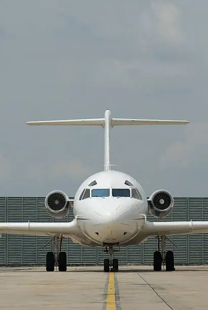 Frontal view of Fokker Friendship F-28 ready to take off in Kuala Lumpur, Malaysia.