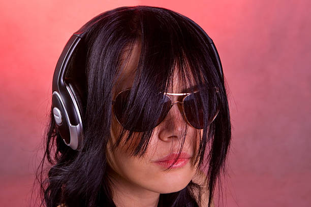 Dj girl listen music stock photo