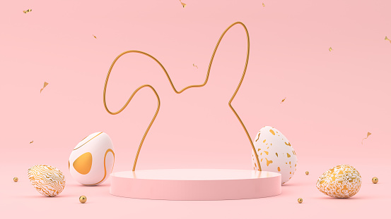 Easter egg and gold text on pink background. Happy easter concept. 3D render