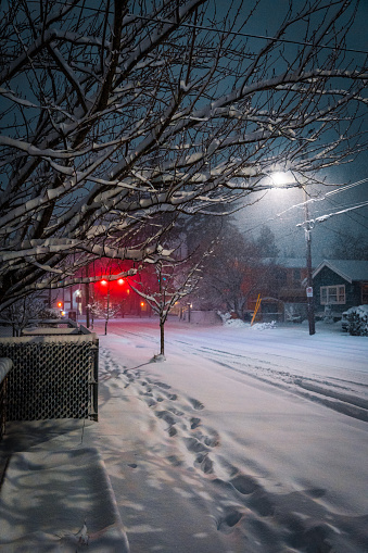 City street in a neighborhood in Portland Oregon, during a winter snow storm. Shot at night.