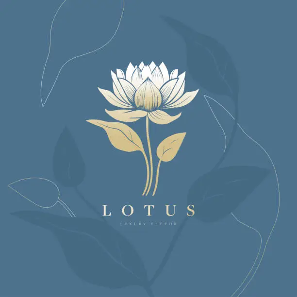 Vector illustration of Lotus flower logo on a blue background. Golden vector template motif. Luxury design elements. Great for fabric and textile, wallpaper, packaging or any desired idea.