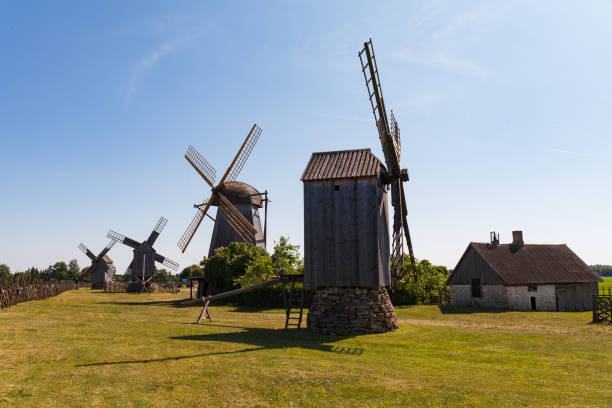 Old windmill in Angla Heritage Culture Center. A Dutch-style windmills at Saaremma island Estonia stock photo