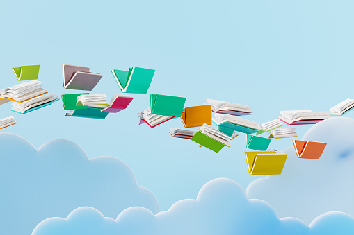 3D rendering of colorful books flying in blue sky