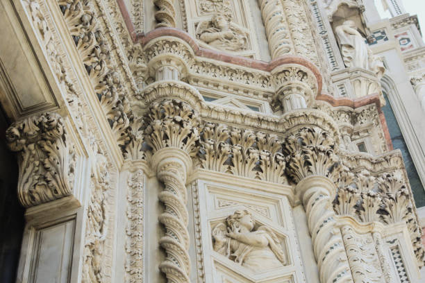 Florence Cathedral: detail of decorations on the facade. Basilica di Santa Maria del Fiore, Florence, Tuscany, Italy