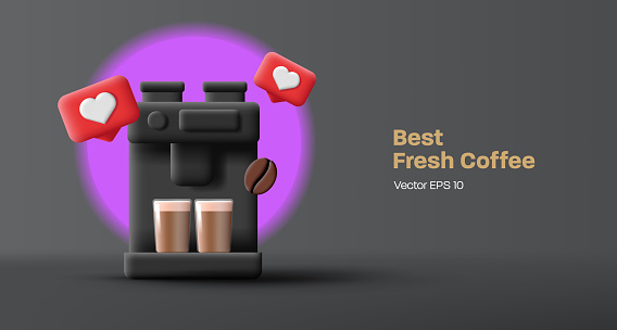 3D Coffee machine with glass coffee cups and heart likes and coffee beans, black render graphic, web banner advertising digital