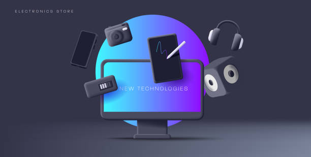 istock Smart gadgets electronics 3d render composition of desktop with tablet music box and photo camera around it, black backdrop with blue circle 1468741552