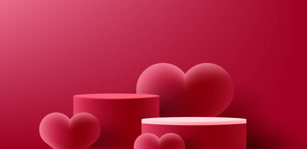 красный 3d цилиндр стенд подиум с объемом больших сердец. валентинка минимальная сцена для продуктов или витрина обручального кольца, ренде - rose red valentines day wedding stock illustrations