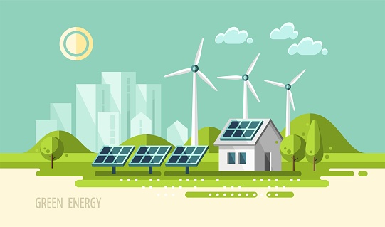 Environmental care. Green energy. Concept of eco friendly alternative energy. House with solar panels and wind turbines on the urban landscape background. Vector illustration for mobile and web graphics.