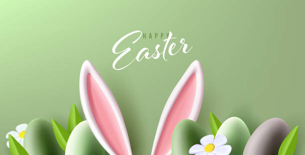 stockillustraties, clipart, cartoons en iconen met easter greeting card with bunny ears, colourful eggs and flowers on the bottom of the creen, 3d render modern illuatration - pasen